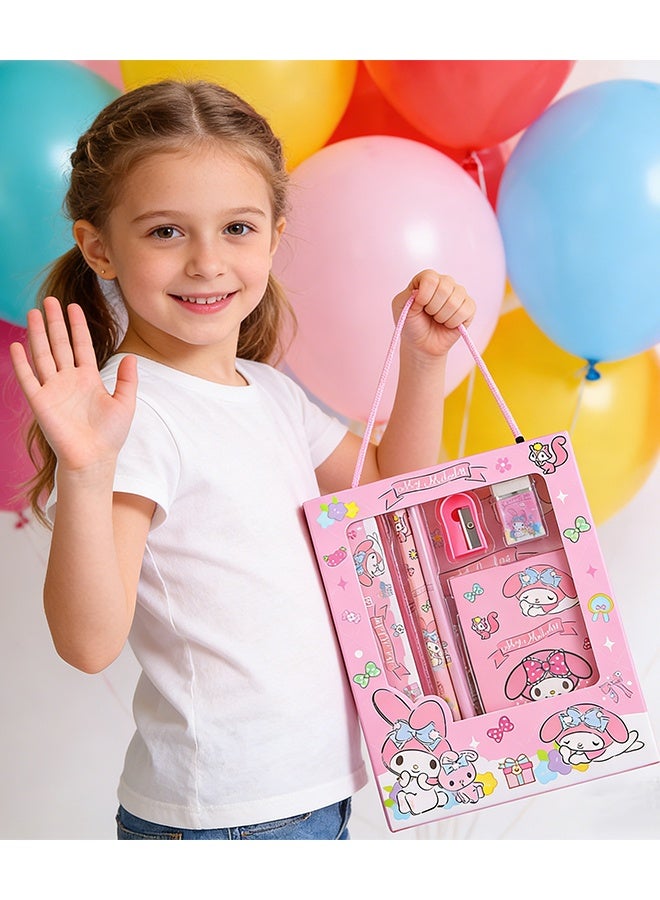 سانريو مجموعة أدوات مكتبية طلابية من سانريو ماي ميلودي، علبة هدايا للوازم المدرسية لطلاب المرحلة الابتدائية، تتضمن أقلام رصاص/ممحاة/مبراة أقلام رصاص/مسطرة/دفتر ملاحظات، هدية مثالية للعودة إلى المدرسة وأعياد الميلاد - Image 4